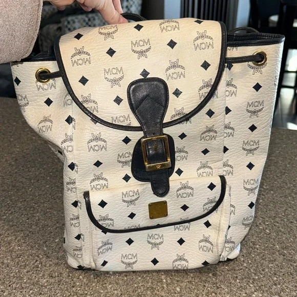 MCM Cream and Black Logo Backpack MCM Beige Coated Canvas Medium Studded Backpack - MyDesignerly main image 4